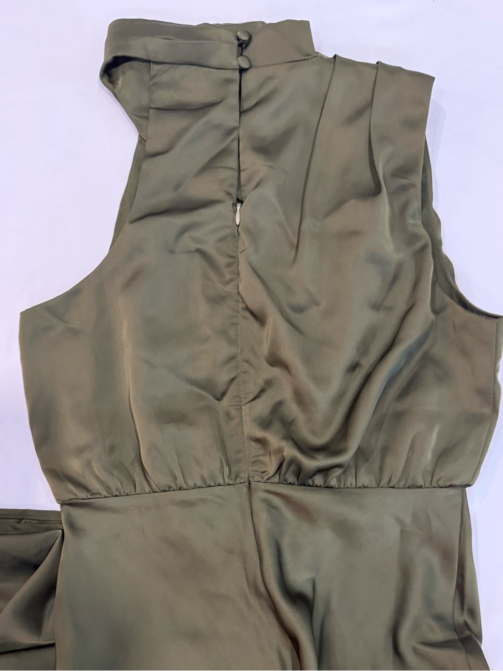LULUS Distinctive Charm Olive Green Satin Asymmetrical Mock Neck Maxi Dress S - Picture 10 of 13
